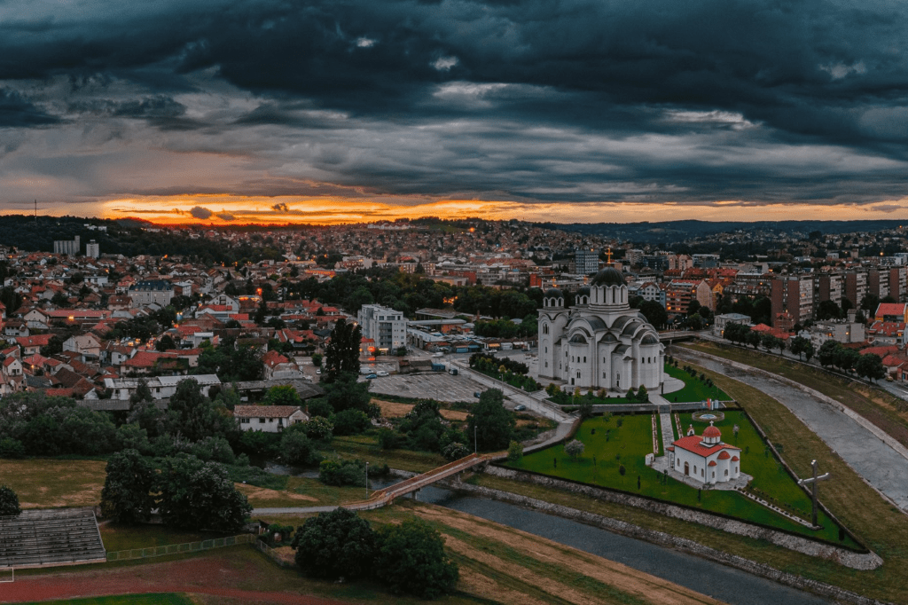 A 3:2 crop of a panoramic image of Valjevo, Serbia featuring the Balkans' second largest Orthodox temple. Photo (c) Dimitrije Tanasković https://www.instagram.com/dimitrijetanaskovic/