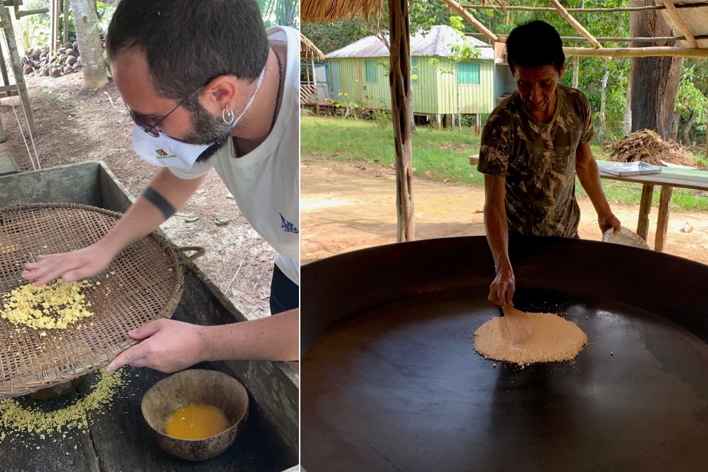 Filtering cassava flour and cooking tapioca with Brazil nuts fresh from the tree. Pics (c) Angelo Sciacca from the Brazilian Amazon based out of Manati Lodge on the Rio Negro.