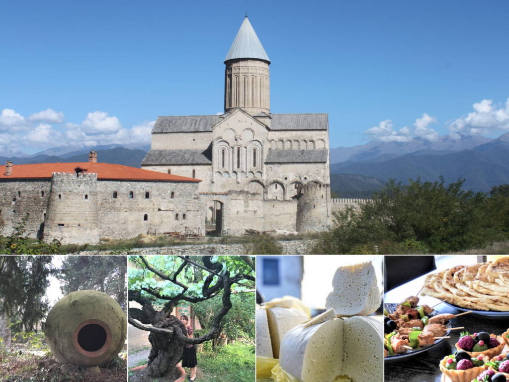 A montage. Alaverdi Monatery across the top two thirds of the image. Four square image run across the bottom: A qvevri abandoned above ground; a lady standing next to a 350-year-old grape vine; a local cheese; and some traditional cuisine
