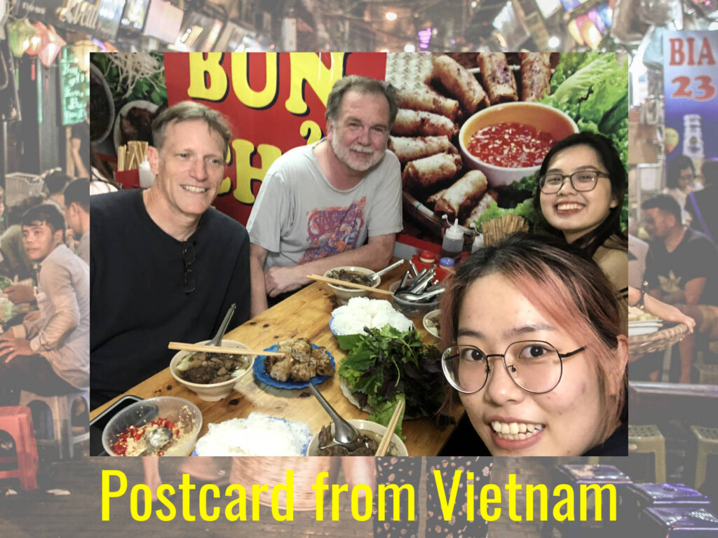 Postcard from Vietnam: Guided by young people through Hanoi’s Old Quarter. The authors and their guides. Background image by Frida Aguilar Estrada (CC0) via Unsplash. https://unsplash.com/photos/woman-carrying-woven-tray-and-white-pail-while-walking-on-wet-market-PEgu_IdF1BM